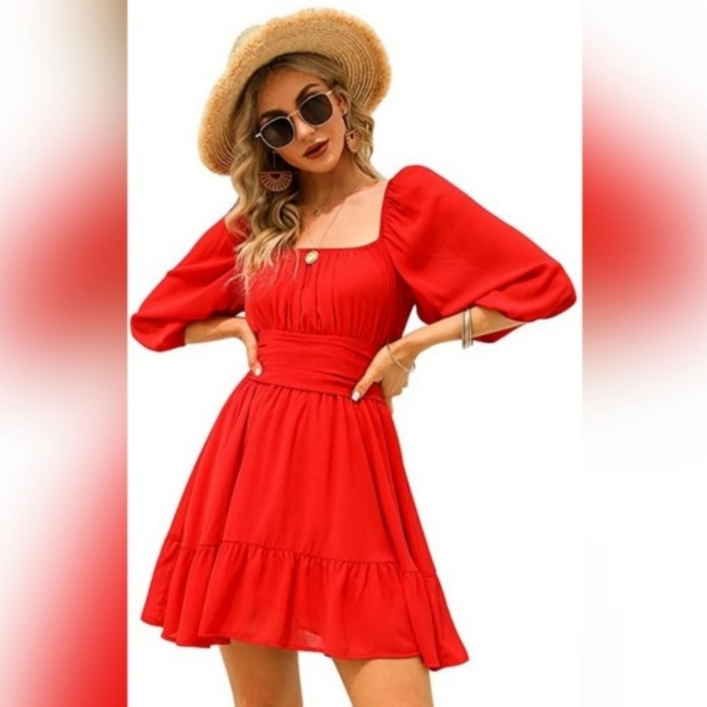 🌞Lantern Sleeve Tie Back Dress Ruffled Off Should - Picture 1 of 5
